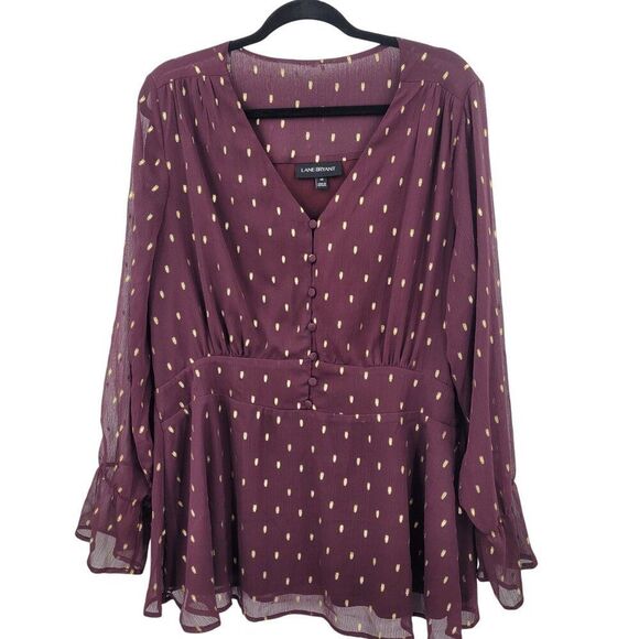 Lane Bryant Blouse Plus Sz 18 Wine Foil-Dot Button-Front Peplum Long-Sleeve - Picture 2 of 11